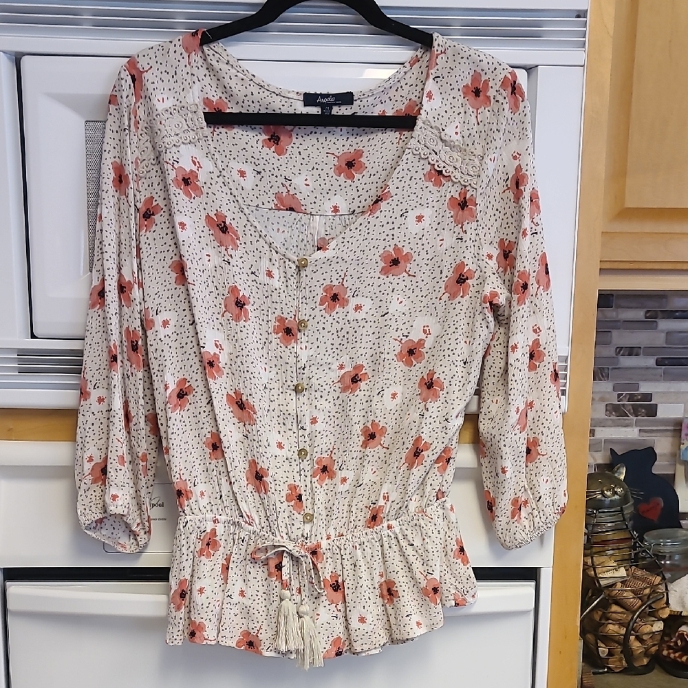 Angels Red and Cream Buttoned Peplum Blouse